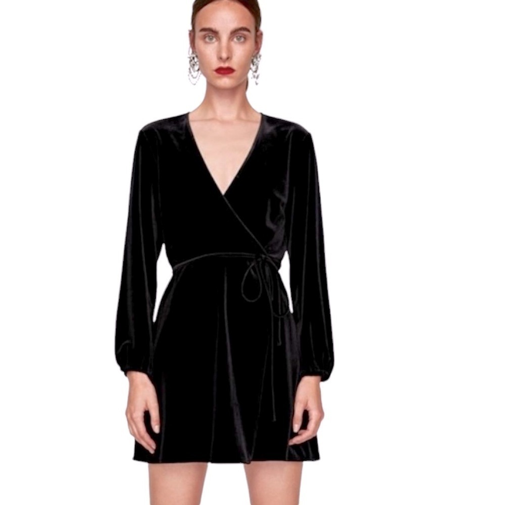 ZARA BLACK STRETCH VELVET WRAP DRESS